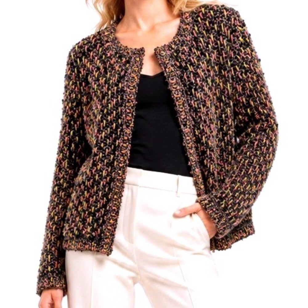 M Missoni Sparkly Metallic Knit Open Front Tweed Cardigan Black Gold Pink Italy